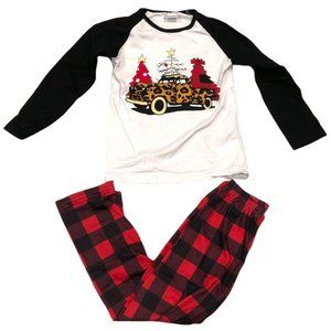 Christmas Trees Leopard Truck 2 Piece Set Size 5 White Black Red Plaid Cotton